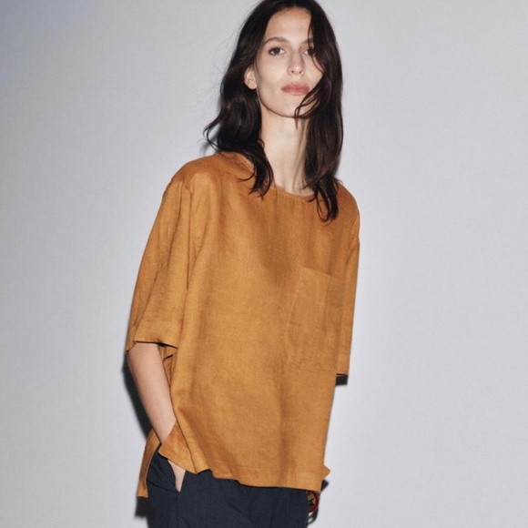 ZARA WOMAN COLLECTION Linen Top Blouse Light Brown SZ M - Picture 1 of 16